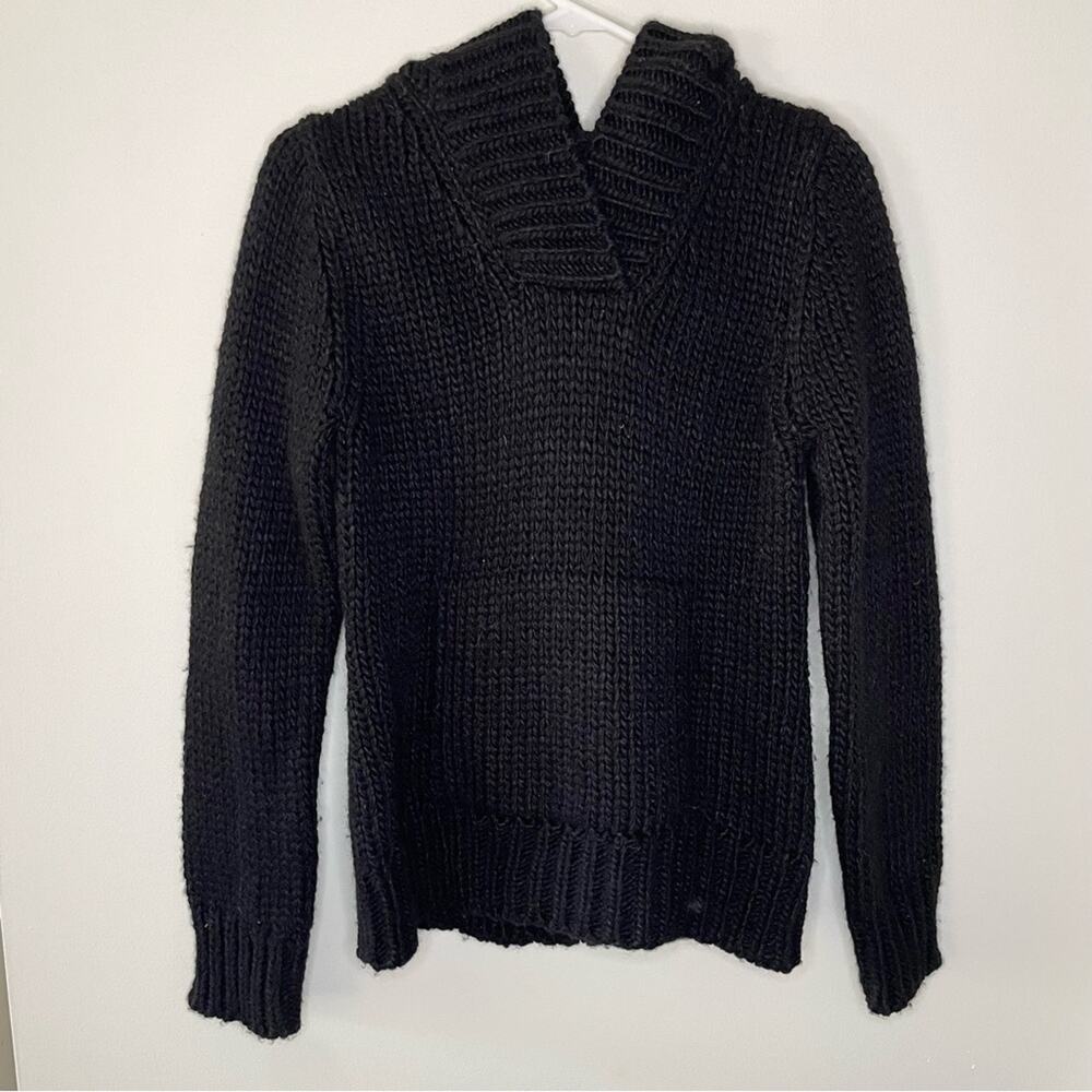 Ralph Lauren Tartan Plaid Label Black Thick Knit Black Hooded Sweater Size M